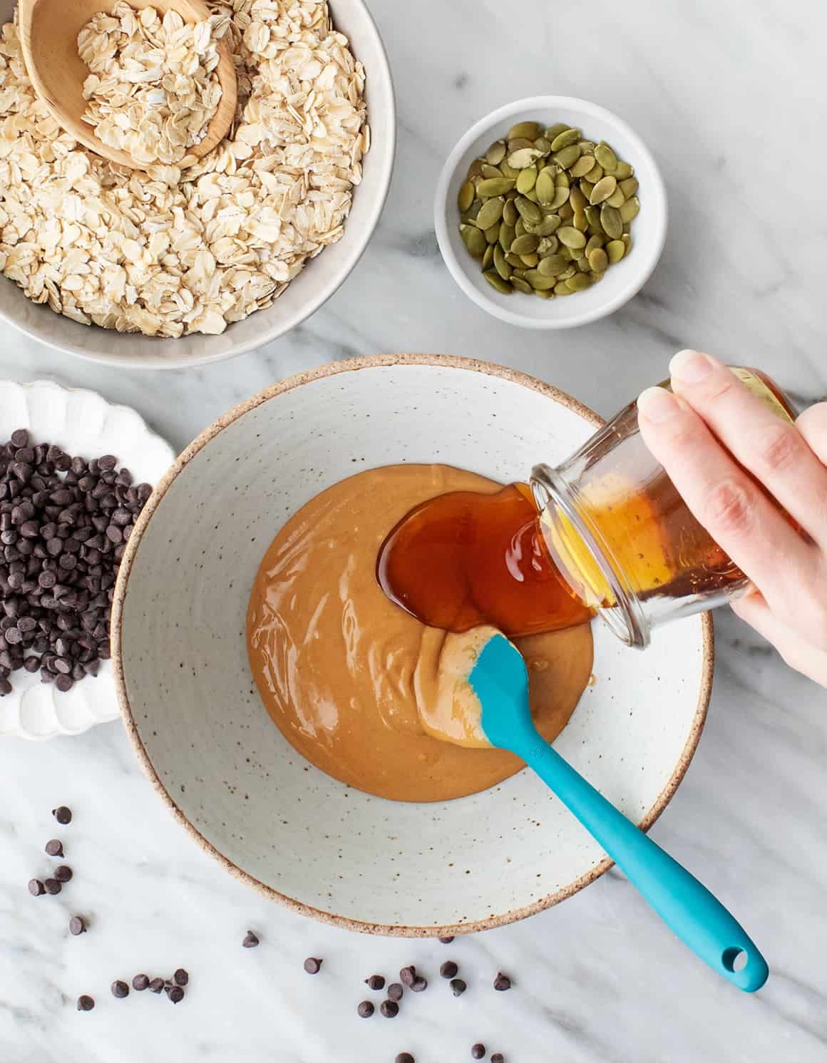 Peanut butter and honey in a mixing bowl