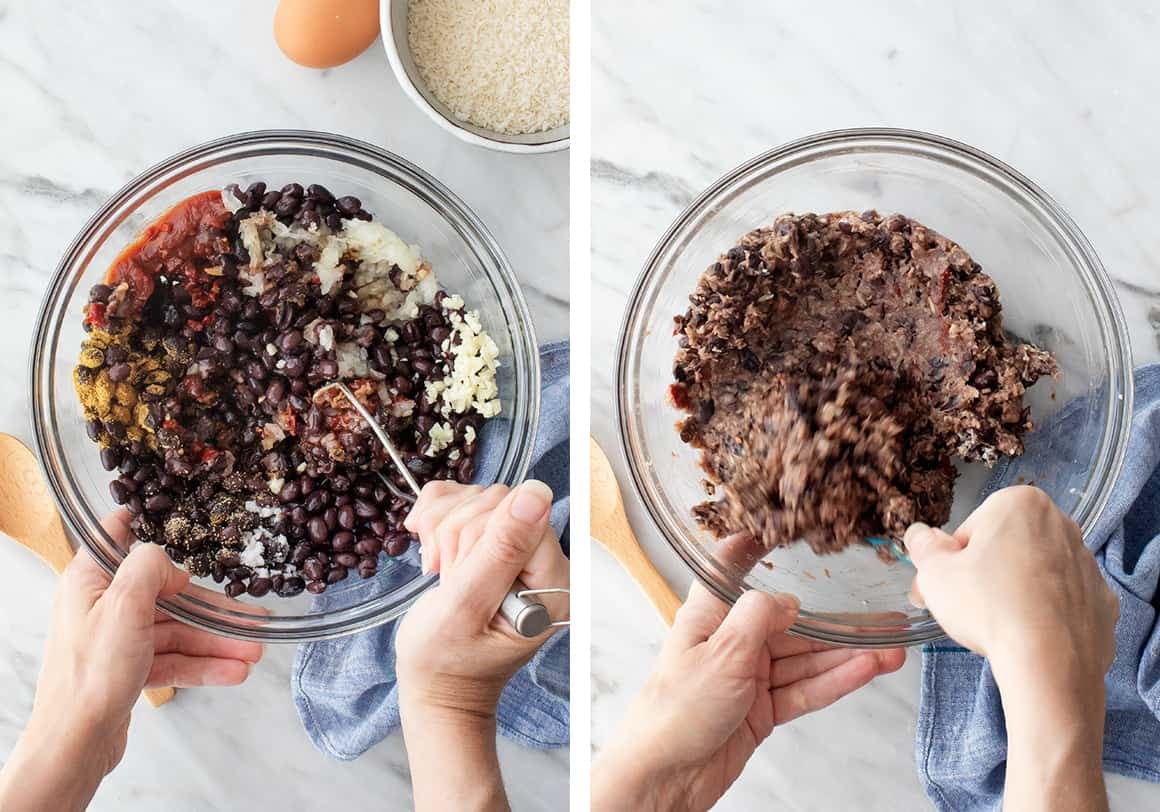 Mashing black beans with onion and spices