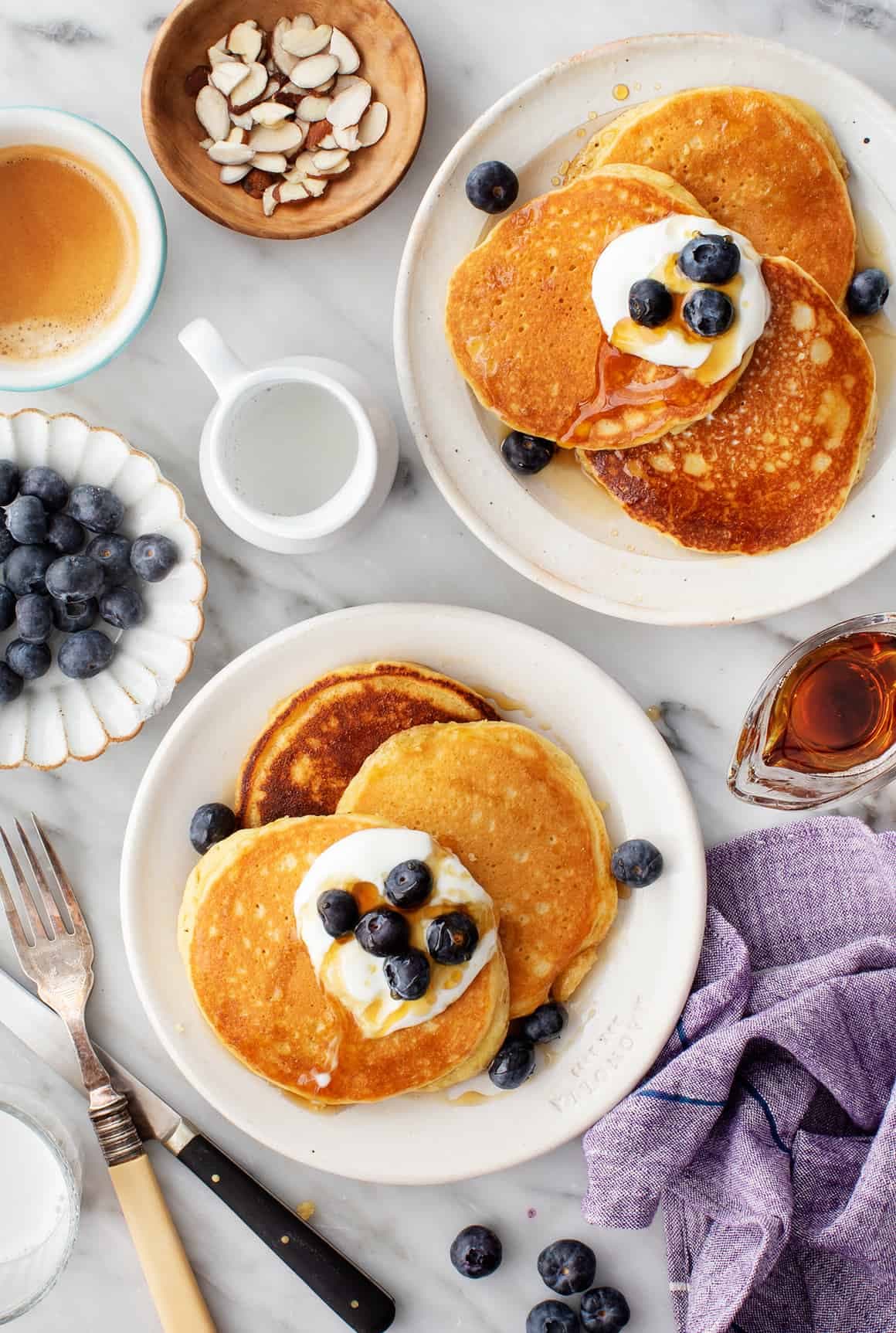 Almond flour pancakes with yogurt and blueberries