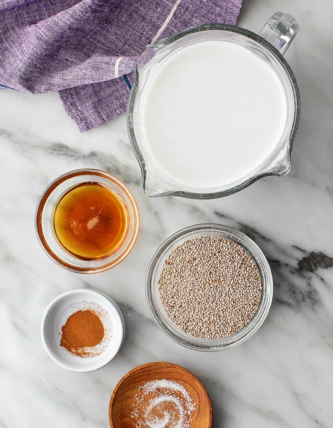 Almond milk, chia seeds, maple syrup, cinnamon, and salt