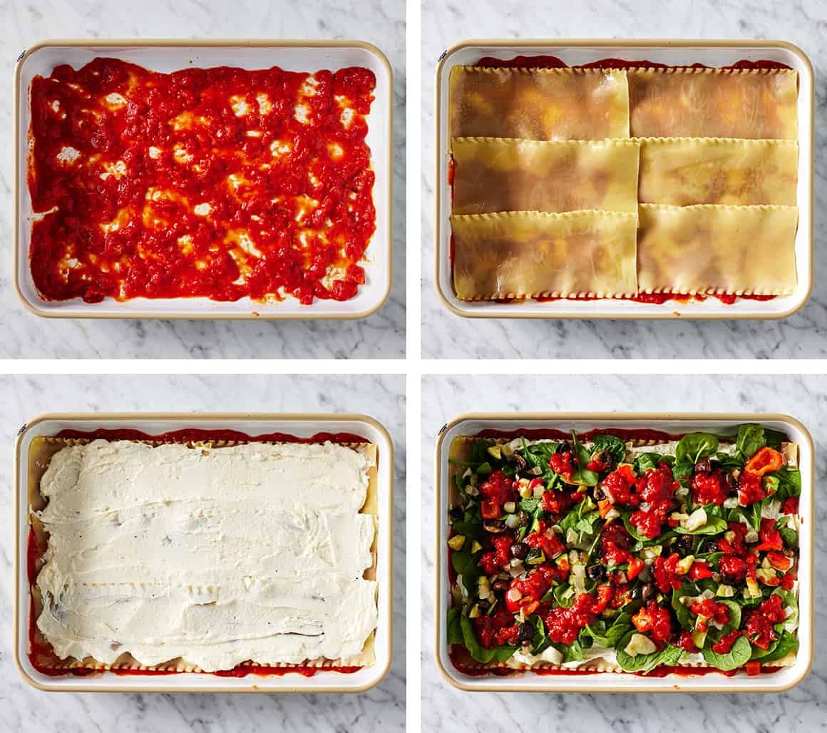 How to layer veggie lasagna - sauce, then noodles, then ricotta, then vegetables in baking dish