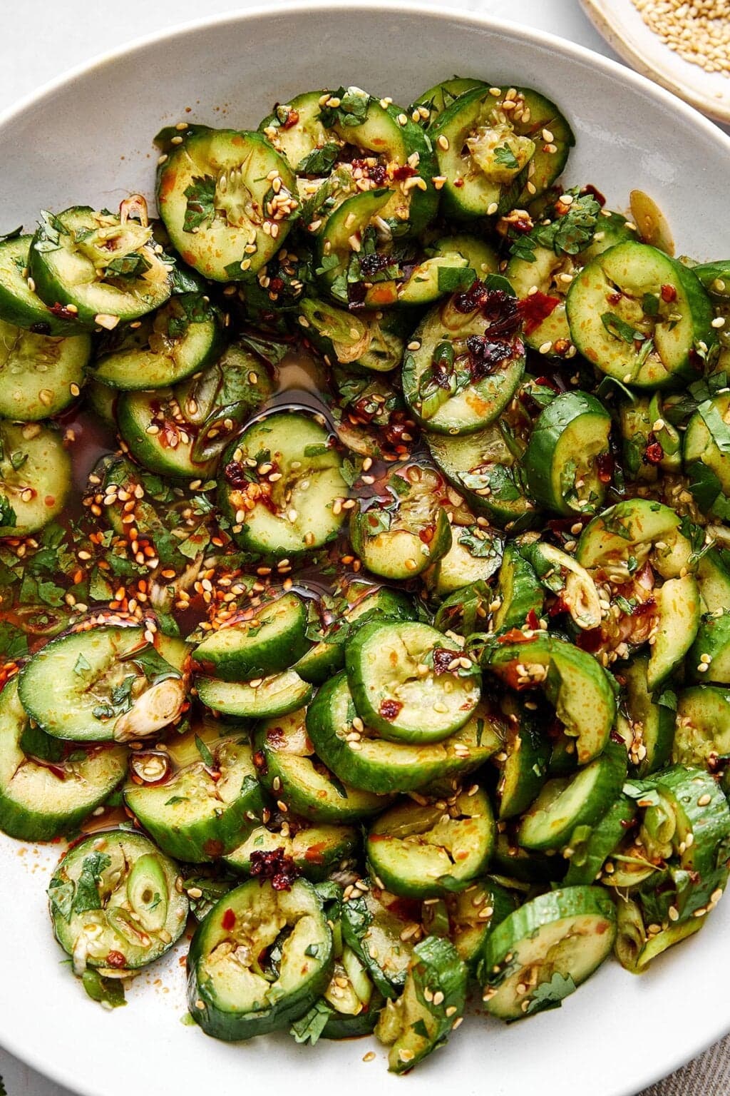 Asian cucumber salad in a bowl.
