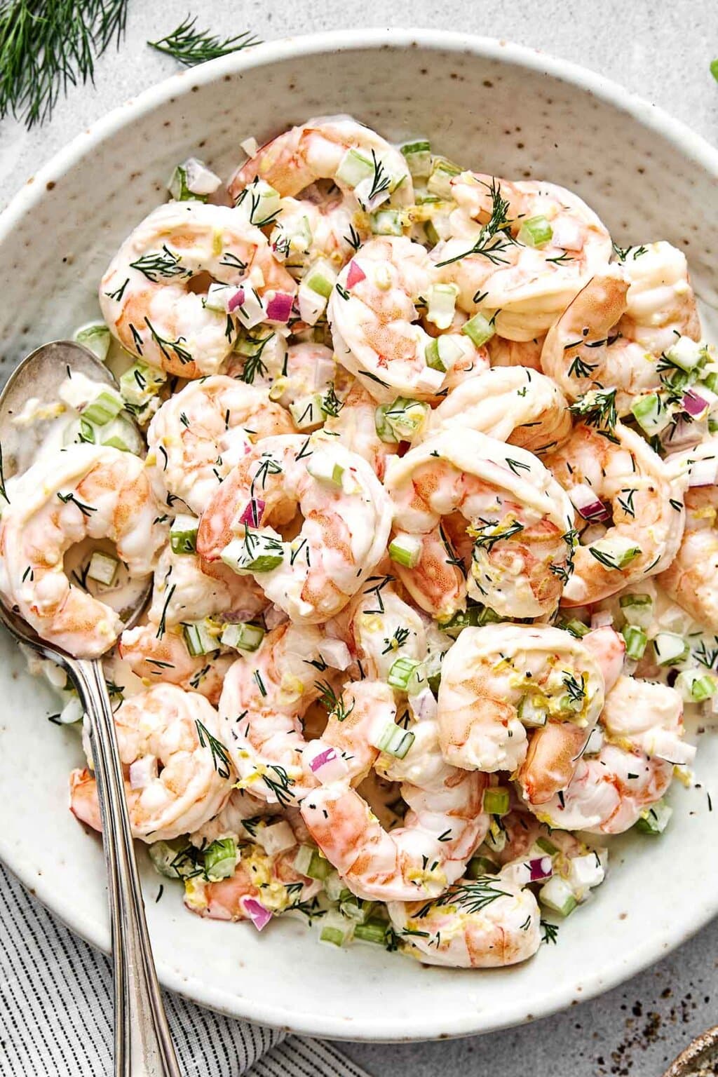 Shrimp salad in a bowl.