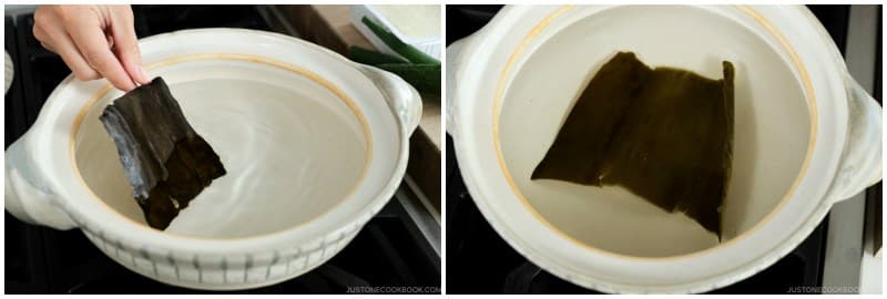 Fill 1 large donabe clay pot (or Dutch oven or any heavy-bottomed pot) two-thirds full of water. Add 1 piece kombu (dried kelp) and soak for at least 30 minutes. Meanwhile, prepare the other ingredients. The right image shows the kombu dashi after 30 minutes. Note: Use 1 piece of kombu per large donabe. If you‘re doubling this recipe, use two donabe and put 1 piece of kombu in each pot.