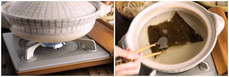 Bring the broth to a simmer over medium heat. Take out the kombu right before water starts to boil (otherwise, the water will get slimy).
