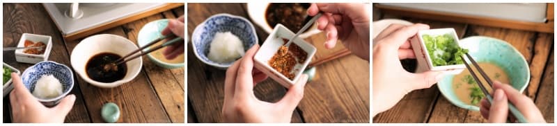 While you’re waiting for the food to cook, prepare your dipping sauces. Add the grated daikon, shichimi togarashi, and green onion to the ponzu. Add the green onion to the sesame sauce.