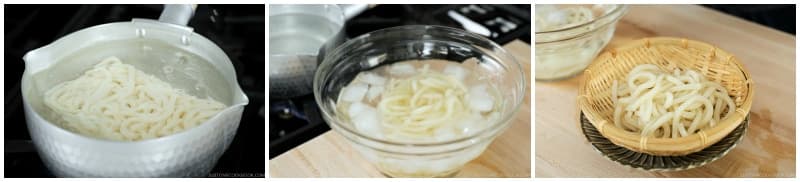 Prepare the udon noodles according to the package instructions. I use 1 serving udon noodles (still frozen) and reheat it in boiling water for 1 minute. Transfer them to iced water to stop the cooking, then drain well. Place on a plate and set aside. The meal ends with the udon course after you‘ve eaten the main meal.