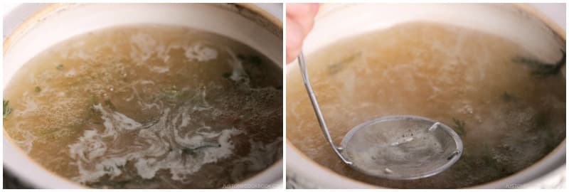 When you're done cooking the ingredients, skim the broth one last time to prepare for the udon noodles. Typically, a hot pot meal ends with cooking udon noodles or porridge.