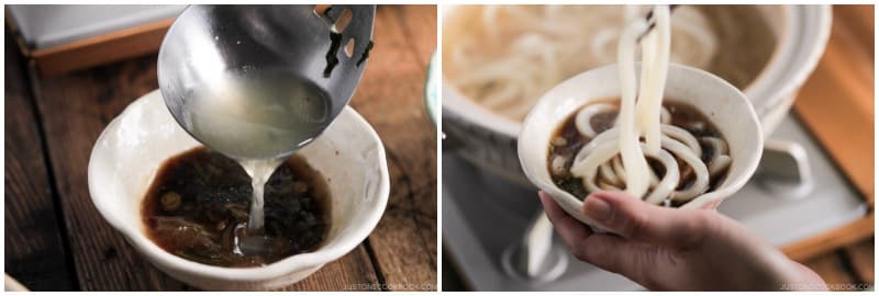 Dilute the individual bowls of ponzu sauce with the broth and serve the udon noodles in each bowl.