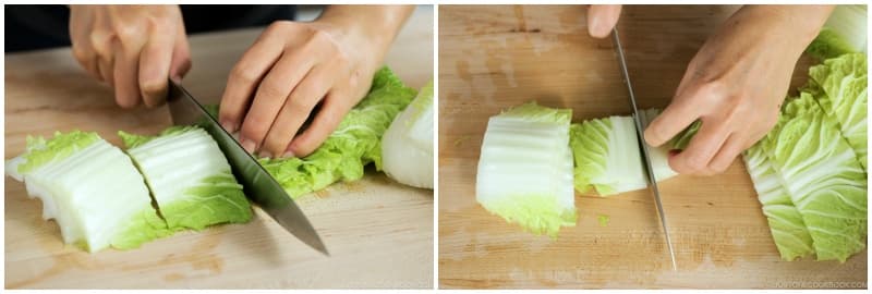 Cut 8 leaves napa cabbage crosswise into 2-inch (5-cm) pieces, and then cut each piece in half or thirds lengthwise. Keep the tough/thick parts and leafy pieces in separate piles.
