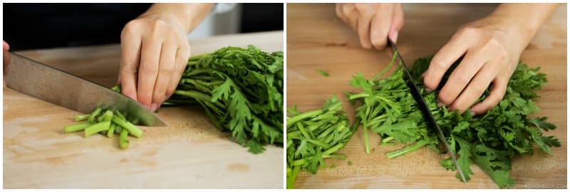 Cut ½ bunch shungiku (chrysanthemum greens) into 2-inch (5-cm) pieces. Keep the thick parts and leafy pieces in separate piles.