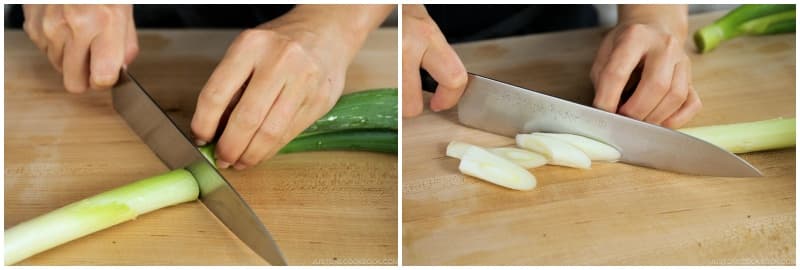Diagonally cut only the white part of 1 Tokyo negi (long green onion) into pieces ½ inch (1.3 cm) thick. Tip: Reserve the green part for another use, like making Homemade Chashu.