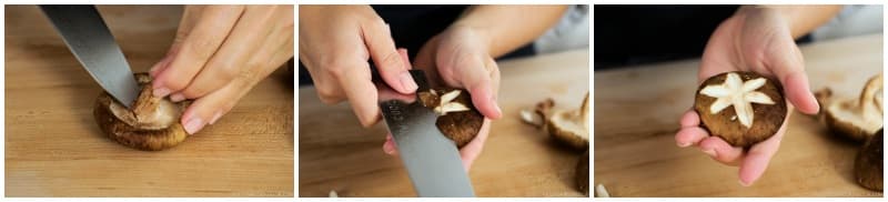Cut off the stems of 4 shiitake mushrooms. Optionally, cut a decorative flower pattern on the caps (see How to Cut Shiitake Hanagiri).