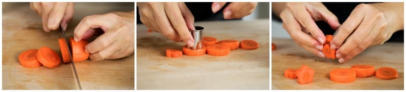 Cut 2 inches carrot into ¼-inch rounds. Optionally, you can use a vegetable cutter to cut the carrots into a flower shape.