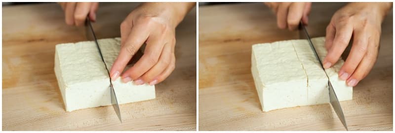 Cut 1 package medium-firm tofu (momen dofu) into square pieces about 1 inch (2.5 cm) thick.