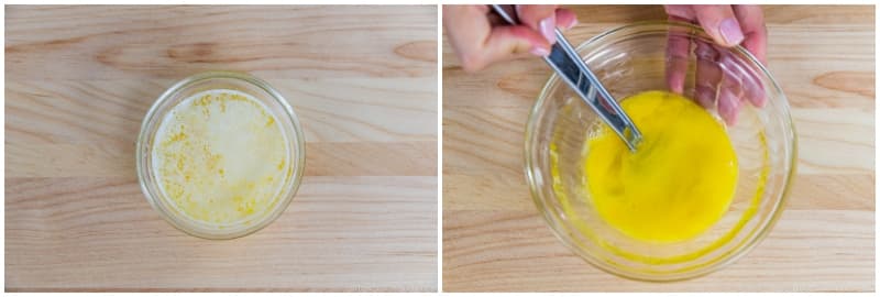 Melt 6 Tbsp unsalted butter in the microwave or in a saucepan on the stove and let it cool slightly. Crack 2 large eggs (50 g each w/o shell) in a bowl and beat them with a whisk. Set aside.