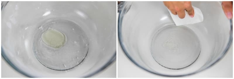 While the mixer is kneading the dough, add a little oil to the large mixing bowl that held the flour mixture and grease it with a paper towel.