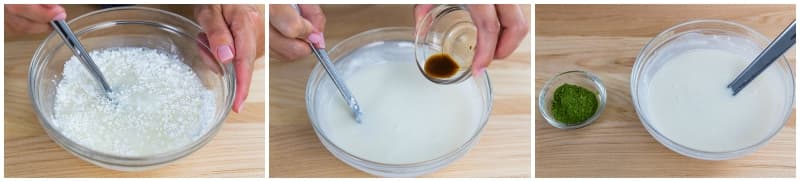 In a medium bowl, combine 2 cups confectioners’ sugar, ¼ cup whole milk, and ½ tsp pure vanilla extract. Whisk it really well until there are no lumps of powdered sugar. Keep the matcha powder to the side for now.