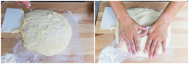 Transfer the dough with the dough scraper to the lightly floured surface. Sprinkle some flour on top of the dough and press it down with your hands to release any air bubbles.