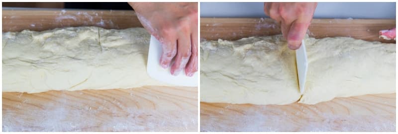Use the dough scraper to form the dough into a rough log shape. Cut the log into two equal pieces.