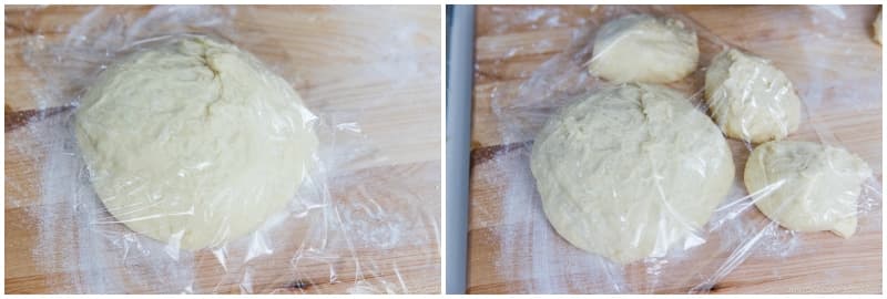 Set one piece of dough on your work surface. Shape the other piece into a ball and cover with plastic wrap. Cut the piece on your work surface into quarters and roll them into balls. Work with one dough ball at a time, and keep the other balls under plastic wrap so they don‘t dry out.