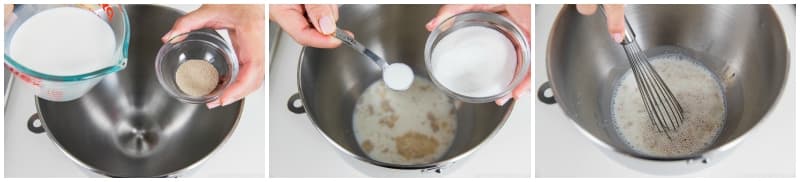Combine 1 cup whole milk (110ºF or 43ºC—slightly warmer than body temperature) and 1 tsp instant yeast in the bowl of a stand mixer (or large mixing bowl). Then, take ½ tsp sugar from the ¼ cup granulated sugar you measured earlier and add it to the milk and yeast. Whisk the mixture well. Set aside for 5–10 minutes. Note: If you wonder why I hydrated the instant yeast, please read the post.
