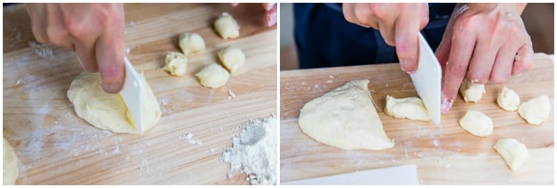 Each dough ball will make roughly 3 Pon de Ring donuts. Using the dough scraper, cut the first dough ball into 24 small balls. Each ball should be ½–¾ inch (1.5 cm) in diameter and weigh 5 grams.