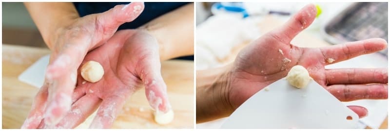 Roll each ball between your hands, but try not to spend too much time. Overkneaded dough often results in a hard crust and a dense, dry interior. Since the dough is very sticky, the dough scraper is very helpful for picking up each piece of dough.