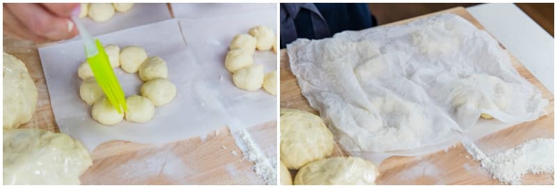 Dab a bit of water with a pastry brush where each ball attaches to the neighboring one. This will keep the balls from separating in the hot oil. Cover the donuts with a damp paper towel or light cloth (make sure it’s not heavy) and let them rest to proof for 15–20 minutes. Tip: If you are taking a long time, it’s very helpful to work with a partner or keep the donuts in the refrigerator to slow down the proofing so the dough doesn't overproof.