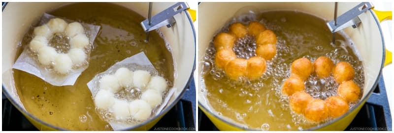 When the timer beeps, flip the donuts quickly using chopsticks or tongs. Fry the second side for 45 seconds; set a timer. Using tongs or chopsticks, carefully remove the parchment square from the donut and discard.