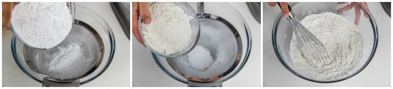 Sift 320 g tapioca flour (2½ cups + 2½ Tbsp) and 180 g all-purpose flour (plain flour) (1¼ cups + 1 Tbsp) through a fine-mesh sieve into another large mixing bowl. Whisk to combine and set aside.