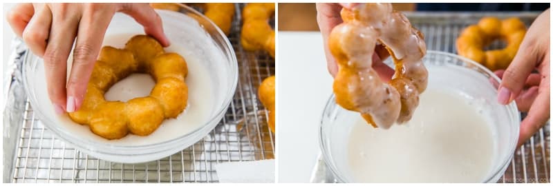 While the donuts are still hot, dip each one into the glaze, making sure to coat both sides well. Tip: Don't wait until you fry all the donuts. Deep-frying and glazing at the same time gets hectic, so find a partner for this step.