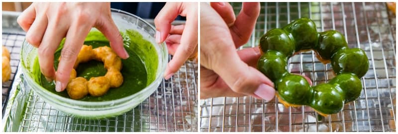 Dip the other donuts into the matcha glaze. Place them onto the rack to allow the excess glaze to drip down. The glaze will set after 30 minutes.