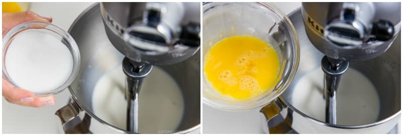 Fit the stand mixer with a flat beater attachment. Add the rest of the sugar and the beaten egg to the milk mixture.