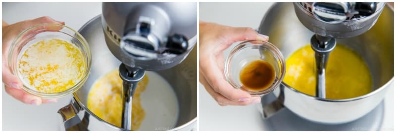 Add the melted butter and 1 tsp pure vanilla extract to the milk mixture.