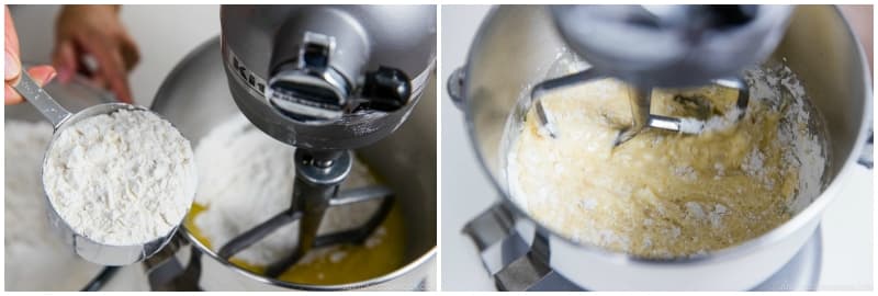 Add roughly 2 cups of the flour mixture and stir on low speed (Speed 2) until well combined.