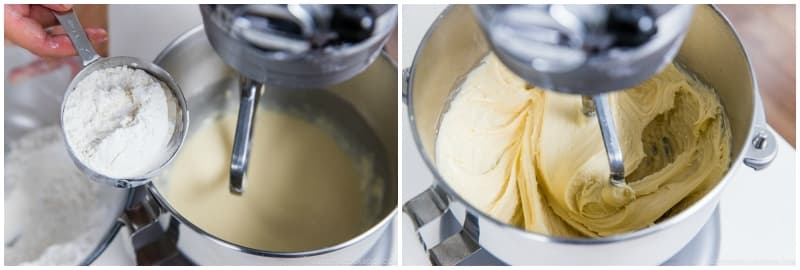 Keep the stand mixer running on low speed and add ½ tsp Diamond Crystal kosher salt and the remaining flour mixture, one scoop at a time. The dough mixture will thicken. Set aside the mixing bowl that the flour was in for the next step (you‘ll put the dough in it).