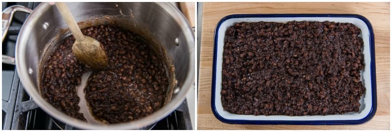 Let the moisture evaporate. When you can draw a line on the bottom of the pot with your spatula, turn off the heat. Don‘t worry if the anko is still loose; it will continue to thicken as it cools. Transfer it to a flat baking sheet to cool completely. The tsubuan is now ready to use in Japanese sweets like Daifuku Mochi, Anpan, Red Bean Pancakes, and Matcha Zenzai (Red Bean Soup). Scroll down to see how to store it.