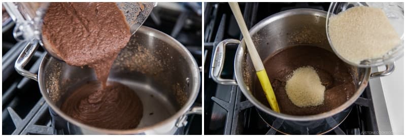 Transfer the fine paste back into the same cooking pot. Turn the heat to medium low and add half of the ¾ cup sugar.