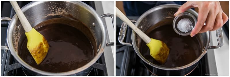 Let the moisture evaporate, stirring constantly. Add ½ tsp Diamond Crystal kosher salt and continue to stir.