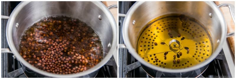 Bring it to a boil over medium-high heat. Once boiling, put an otoshibuta (drop lid) on top of the beans. Reduce the heat to medium low and keep it simmering for the next 1–1½ hours. Tip: The otoshibuta will prevent the beans from dancing around too much. Learn how to make it yourself or find one on Amazon and JOC Goods.