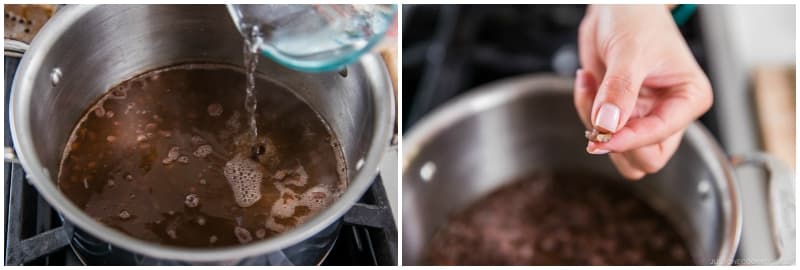 Some of the liquid will evaporate, so add more water to keep the beans covered, as needed. After 1 hour, check if the beans are cooked. Pick up a bean and mash it with your fingers. When it mashes easily, it‘s done.