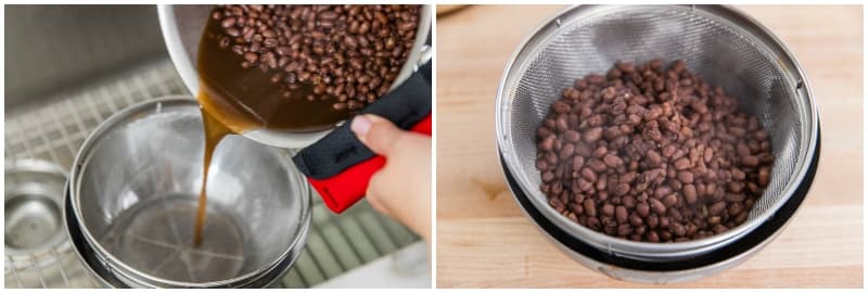 Drain the cooked azuki beans in a sieve.