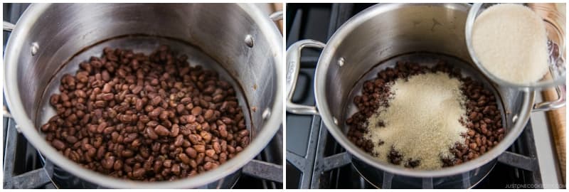 Return the beans to the same pot. Turn the heat to medium low and add half of the ¾ cup sugar.