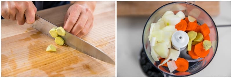 Peel 1 knob ginger and slice into small pieces. Put all the chopped vegetables into a food processor (I use my 3-cup Cuisinart Blender Food Processor Duo) or a high-powered home blender like Vitamix.