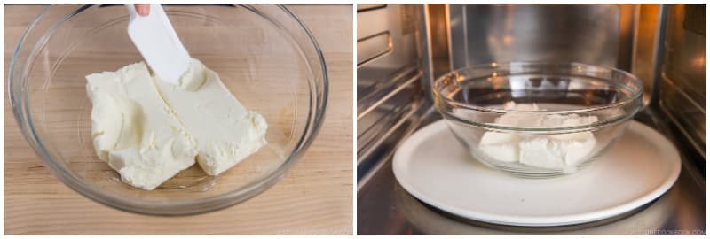Place 1 lb cream cheese in a large bowl. Make sure the cream cheese is at room temperature.Nami's Tip: If the cream cheese is cold and firm, microwave it at half power (50%) in 15-second increments until it‘s room temperature (about for 45 seconds).