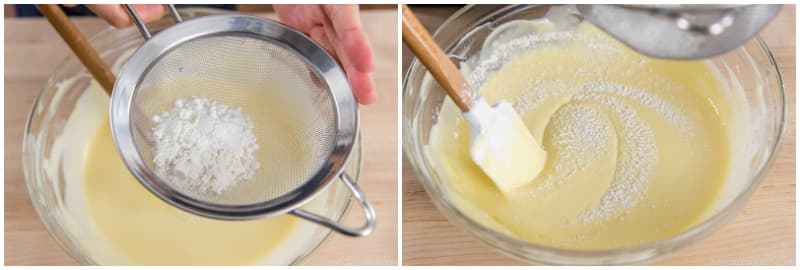 Next, add 2 Tbsp cake flour and 2 tsp cornstarch to a sieve. Sift a little bit of the flour and cornstarch into the cream cheese mixture while you stir with a spatula. Incorporate the ingredients well before adding more. Keep sifting and blending until you‘ve added all the flour mixture. Take your time doing this. You don’t want any lumps.