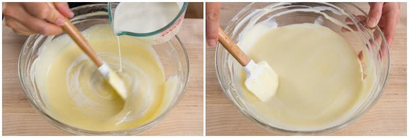 Gradually add 1 cup heavy (whipping) cream while you stir. Mix until it’s all combined.
