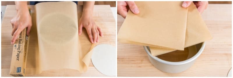 Gather one 6-inch (15-cm) round cake pan with removable bottom. Prepare two rectangular sheets of parchment paper long enough to hang over the sides of the pan by 2 inches (5 cm). Place them crisscross to make sure they cover all inside surfaces of the pan. (Or use one sheet if your paper is extra wide.) Fold each sheet in half, then again into quarters, like a paper napkin.