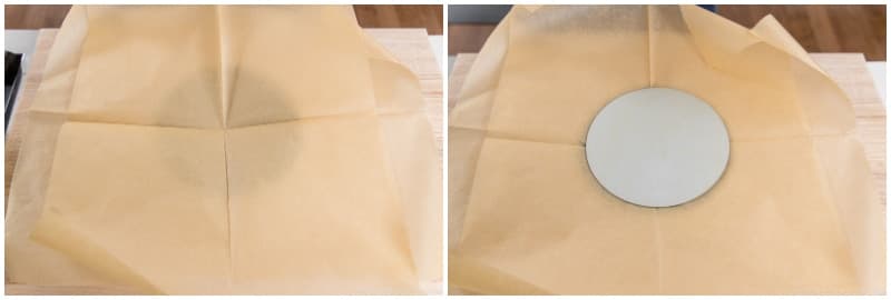Unfold the sheets and place them crisscross as before. Find the center point where the creases intersect. Center the parchment sheets over the cake pan ring, then center the removable bottom on top.